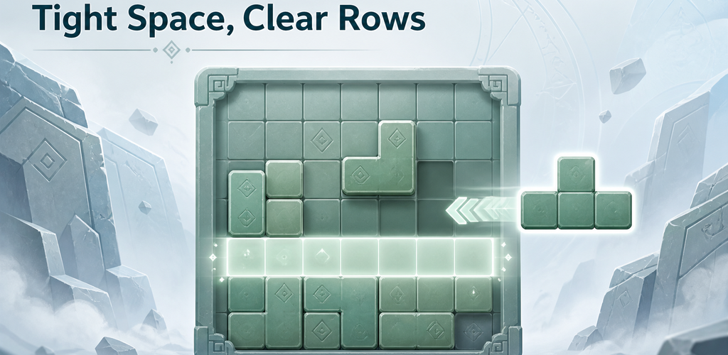 Jade and ice-blue blocks resting on a carved stone puzzle board